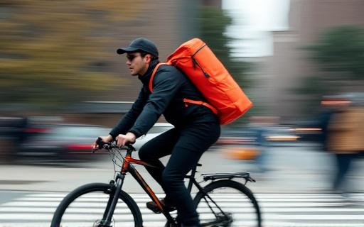Gridship courier bike messenger speeding along a New York City street