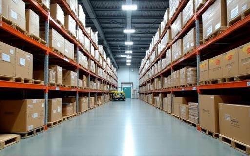 Modern Gridship warehouse interior with organized shelves and boxes