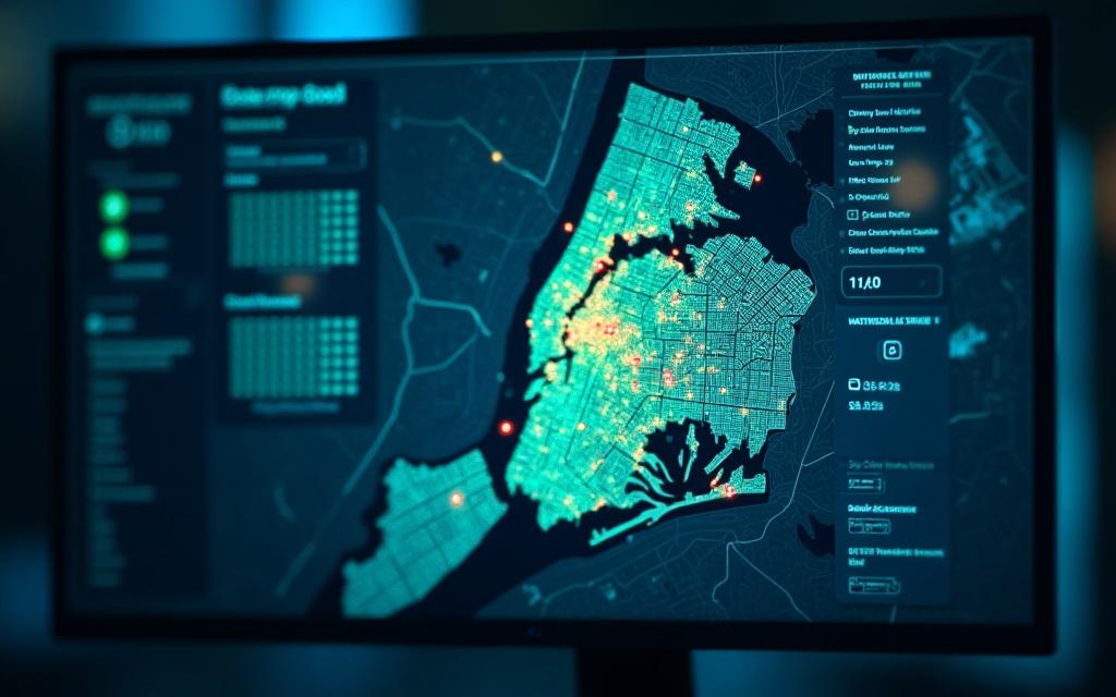 Gridship dispatcher dashboard showing heatmap of New York City deliveries and real-time vehicle positions